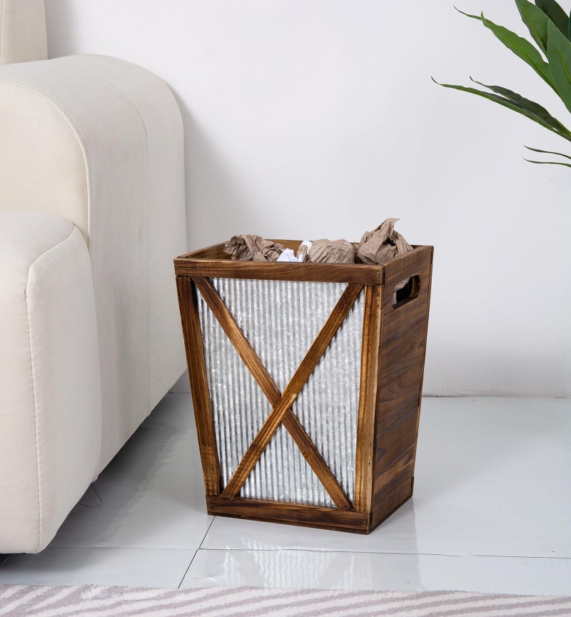Venalys Small Wood Trash Can Wastebasket, Decorative Barn Door Garbage Can Waste Basket, Rustic Distressed Rectangular Trash Bin, Farmhouse Wooden Storage Basket Waste Paper Bin (Brown) - Image 4