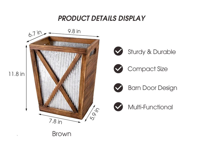 Venalys Small Wood Trash Can Wastebasket, Decorative Barn Door Garbage Can Waste Basket, Rustic Distressed Rectangular Trash Bin, Farmhouse Wooden Storage Basket Waste Paper Bin (Brown) - Image 2