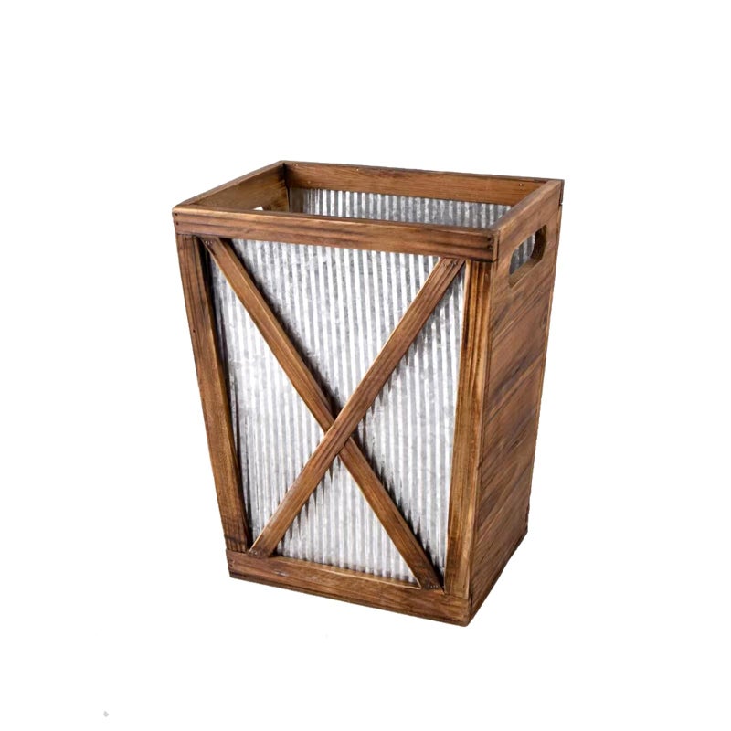 Venalys Small Wood Trash Can Wastebasket, Decorative Barn Door Garbage Can Waste Basket, Rustic Distressed Rectangular Trash Bin, Farmhouse Wooden Storage Basket Waste Paper Bin (Brown) - Image 1