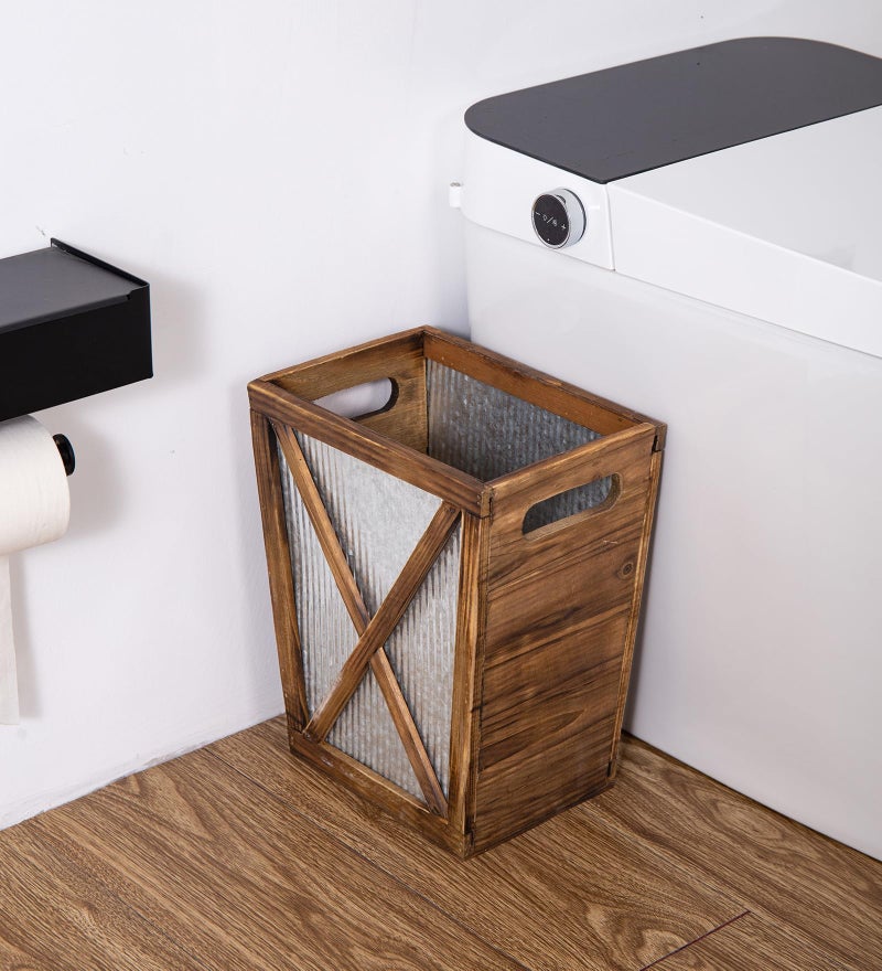 Venalys Small Wood Trash Can Wastebasket, Decorative Barn Door Garbage Can Waste Basket, Rustic Distressed Rectangular Trash Bin, Farmhouse Wooden Storage Basket Waste Paper Bin (Brown) - Image 5