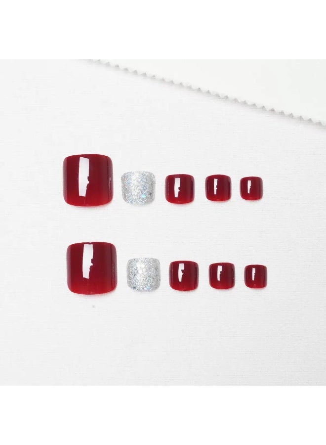 Press On Toe Nails, 24 Gel Feet Nails Kit, Deep Red Reusable Stick On Toe Nails in variable Sizes,  Squared oval Style,  Full Well Tips, Shimmery Finish, False Stick Feet toe Nails for ladies, impress feet toe nails - Image 2