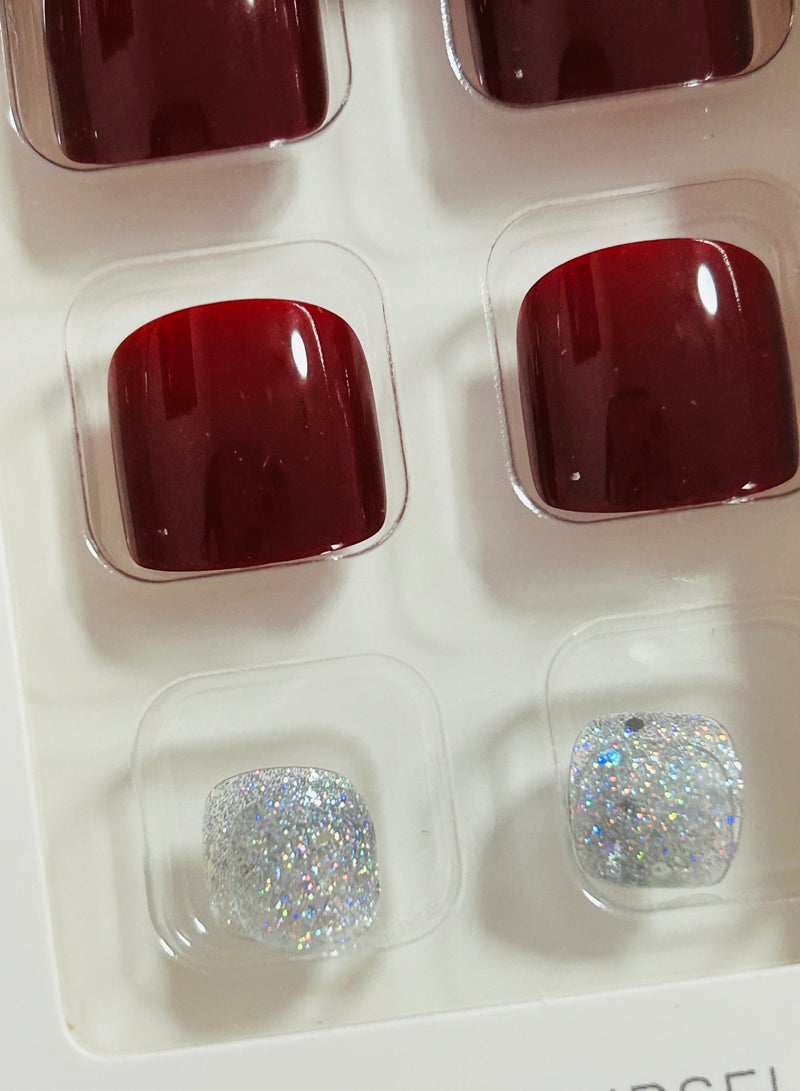 Press On Toe Nails, 24 Gel Feet Nails Kit, Deep Red Reusable Stick On Toe Nails in variable Sizes,  Squared oval Style,  Full Well Tips, Shimmery Finish, False Stick Feet toe Nails for ladies, impress feet toe nails - Image 3