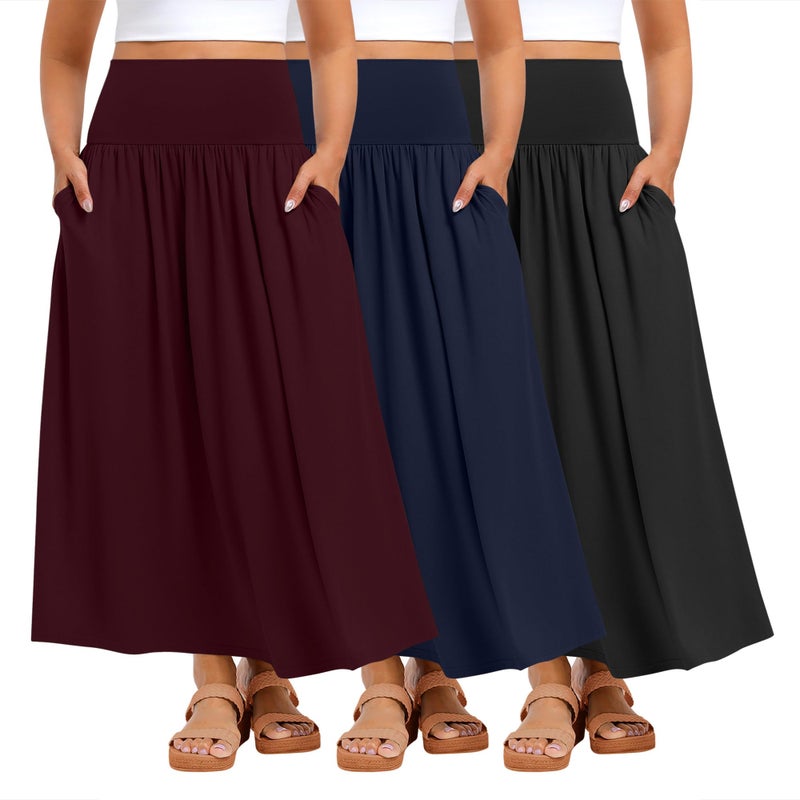 Ficerd 3 Pack Plus Size Maxi Long Skirts for Curvy Women, Ankle Length a Line Pleated High Waisted Summer Skirts with Pocket(Black, Navy Blue, Burgundy,X-Large) - Image 1