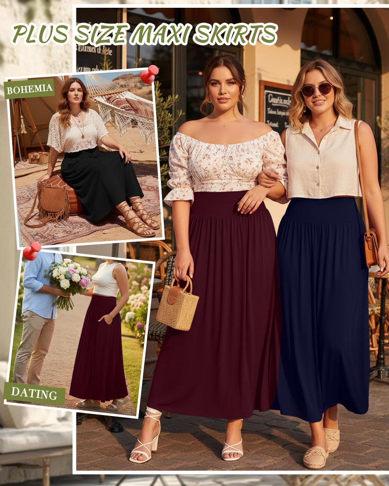 Ficerd 3 Pack Plus Size Maxi Long Skirts for Curvy Women, Ankle Length a Line Pleated High Waisted Summer Skirts with Pocket(Black, Navy Blue, Burgundy,X-Large) - Image 2