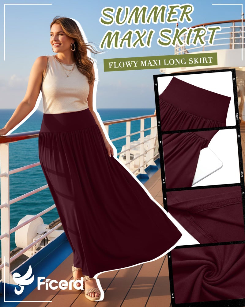 Ficerd 3 Pack Plus Size Maxi Long Skirts for Curvy Women, Ankle Length a Line Pleated High Waisted Summer Skirts with Pocket(Black, Navy Blue, Burgundy,X-Large) - Image 5