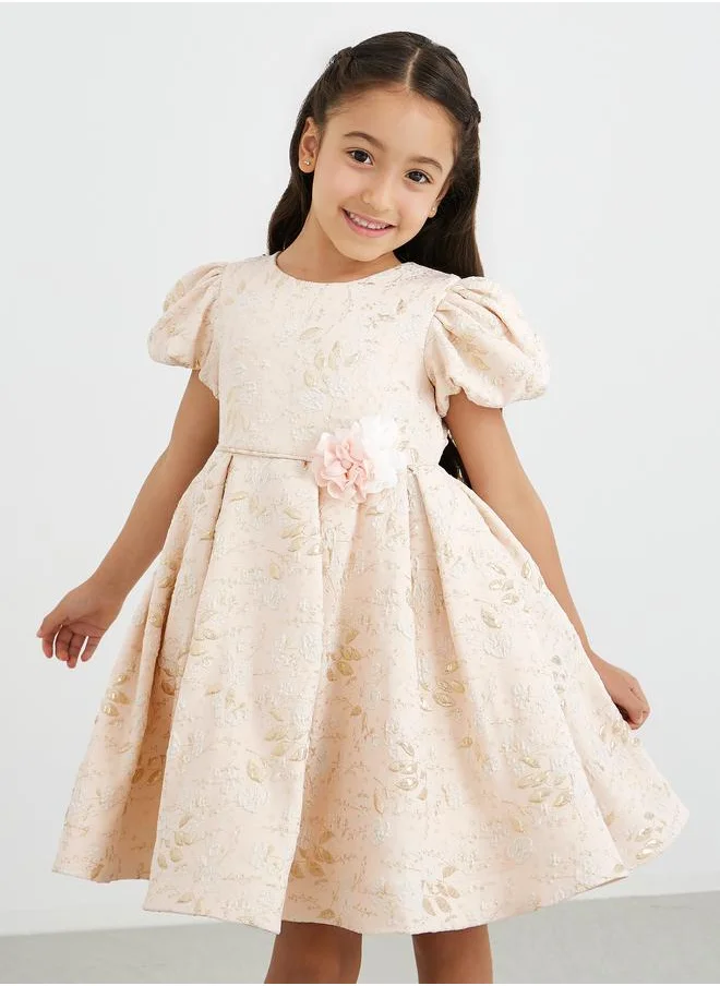 Styli Styli Jacquard Round Neck Puff Sleeve Dress
