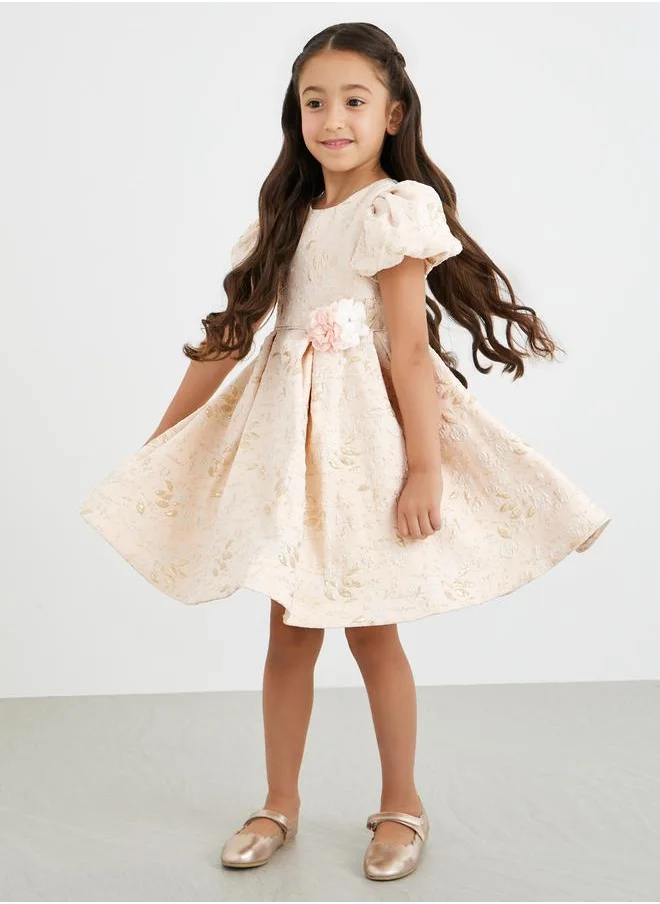 Styli Styli Jacquard Round Neck Puff Sleeve Dress