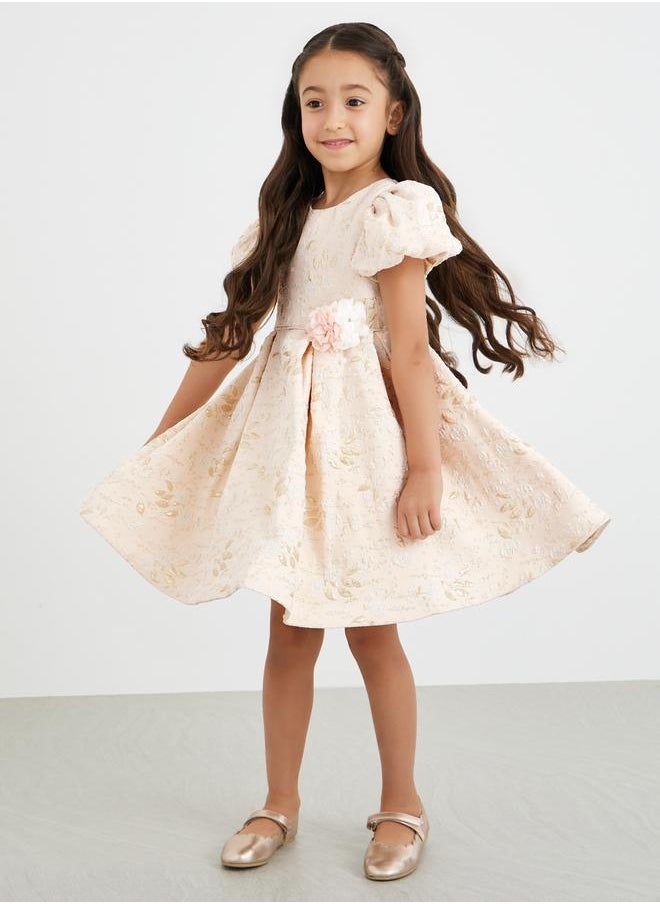 Styli Styli Jacquard Round Neck Puff Sleeve Dress  - Image 1