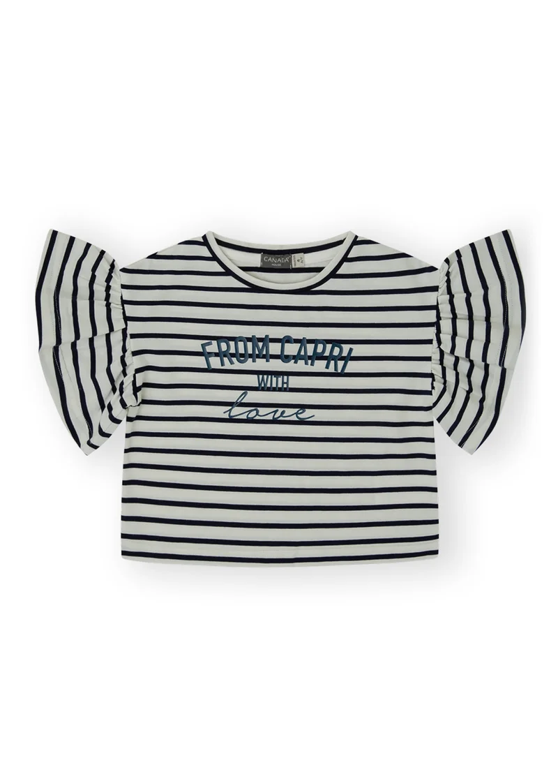 CANADA HOUSE Soft and Comfortable White and Navy Blue 100% Organic Cotton T-shirt with Ruffle Sleeves for Girls