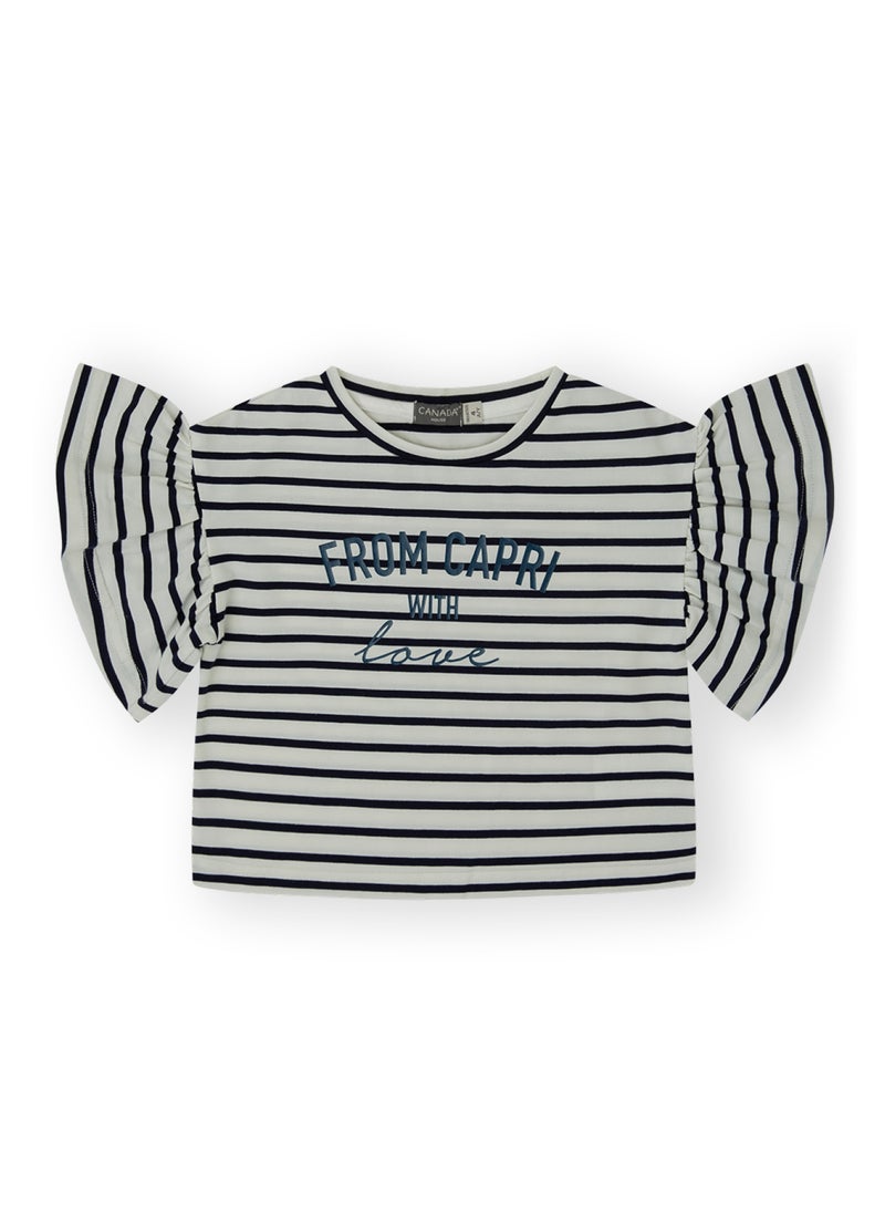 CANADA HOUSE Soft and Comfortable White and Navy Blue 100% Organic Cotton T-shirt with Ruffle Sleeves for Girls  - Image 1