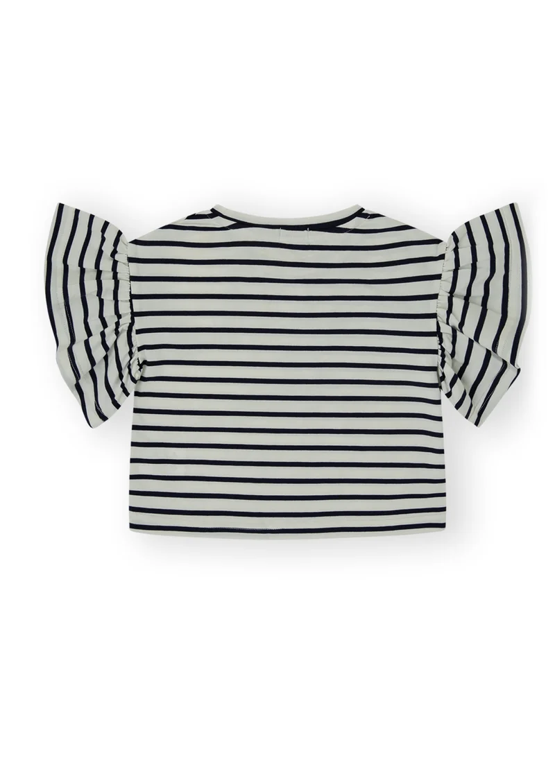 CANADA HOUSE Soft and Comfortable White and Navy Blue 100% Organic Cotton T-shirt with Ruffle Sleeves for Girls