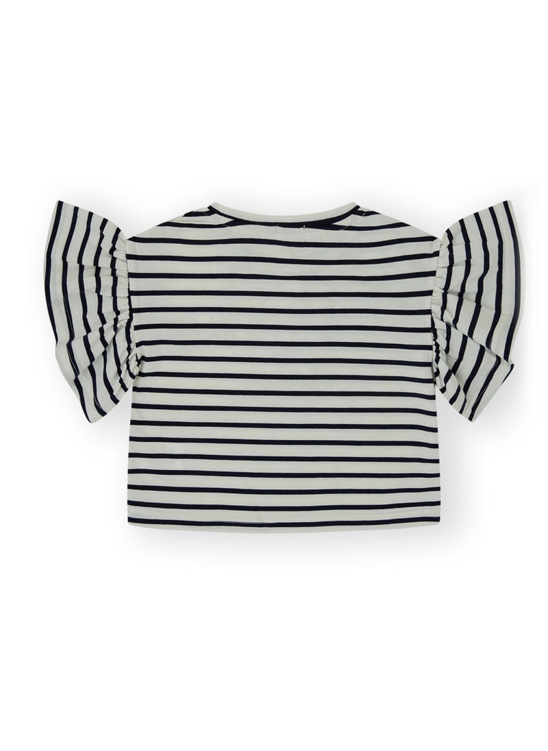 CANADA HOUSE Soft and Comfortable White and Navy Blue 100% Organic Cotton T-shirt with Ruffle Sleeves for Girls  - Image 2