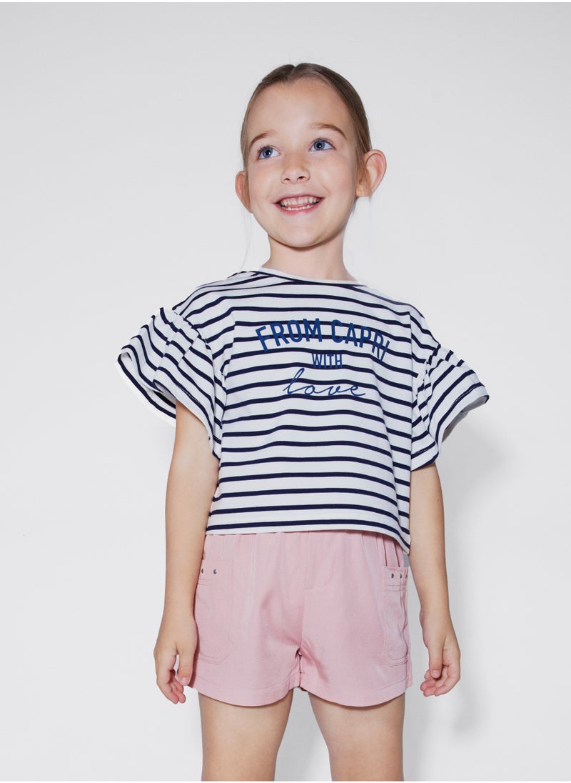 CANADA HOUSE Soft and Comfortable White and Navy Blue 100% Organic Cotton T-shirt with Ruffle Sleeves for Girls  - Image 3