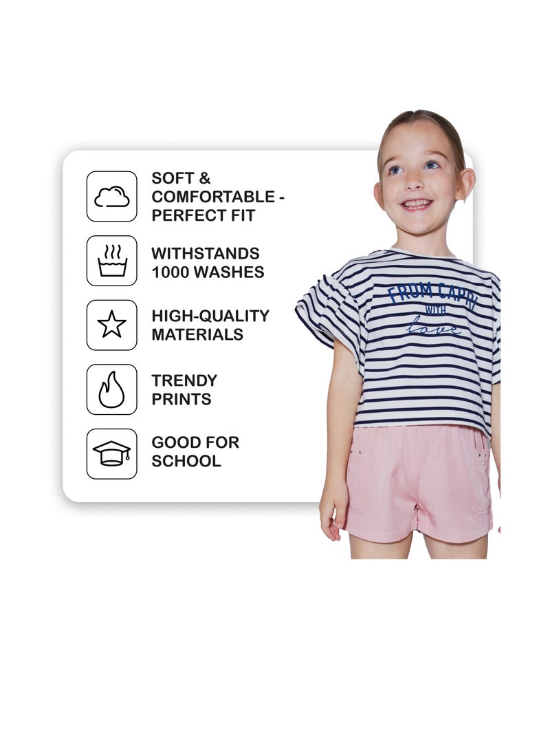 CANADA HOUSE Soft and Comfortable White and Navy Blue 100% Organic Cotton T-shirt with Ruffle Sleeves for Girls  - Image 4