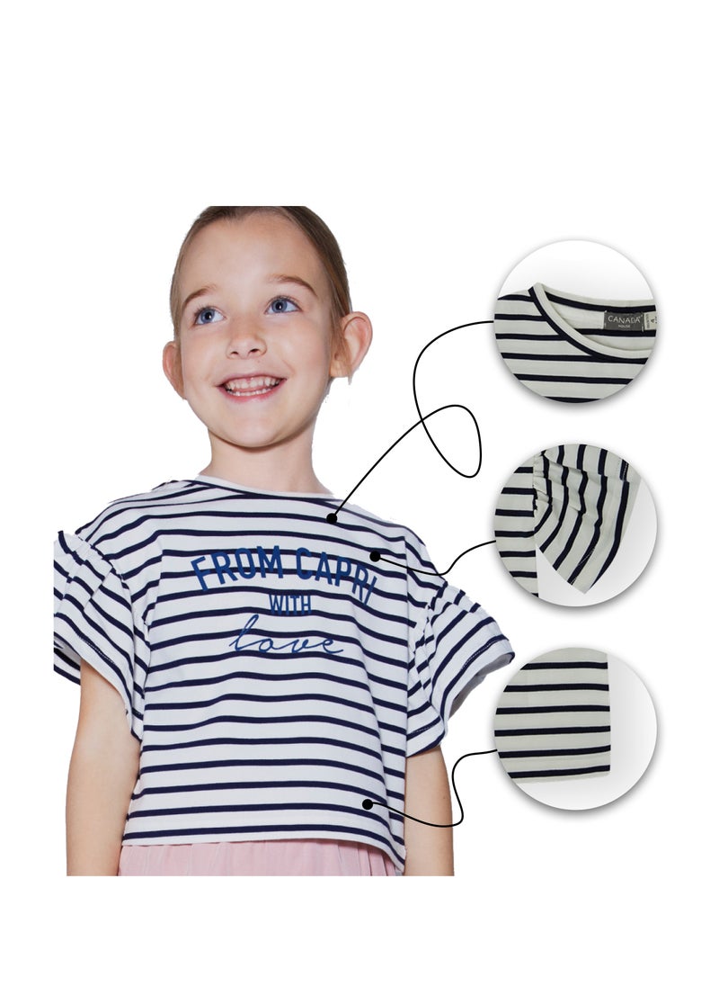 CANADA HOUSE Soft and Comfortable White and Navy Blue 100% Organic Cotton T-shirt with Ruffle Sleeves for Girls  - Image 5