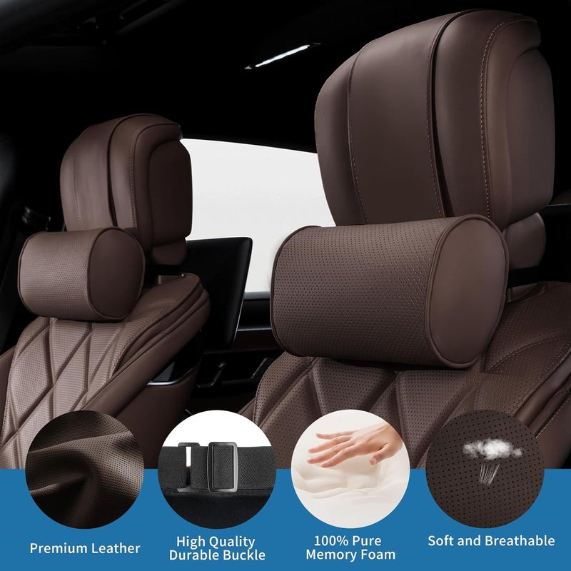 Dapucarin Car Headrest Pillow for Driving - Luxury Leather 100% Memory Foam, Ergonomic Neck Support - Universal Fit, Brown, 2 Pack - Image 3