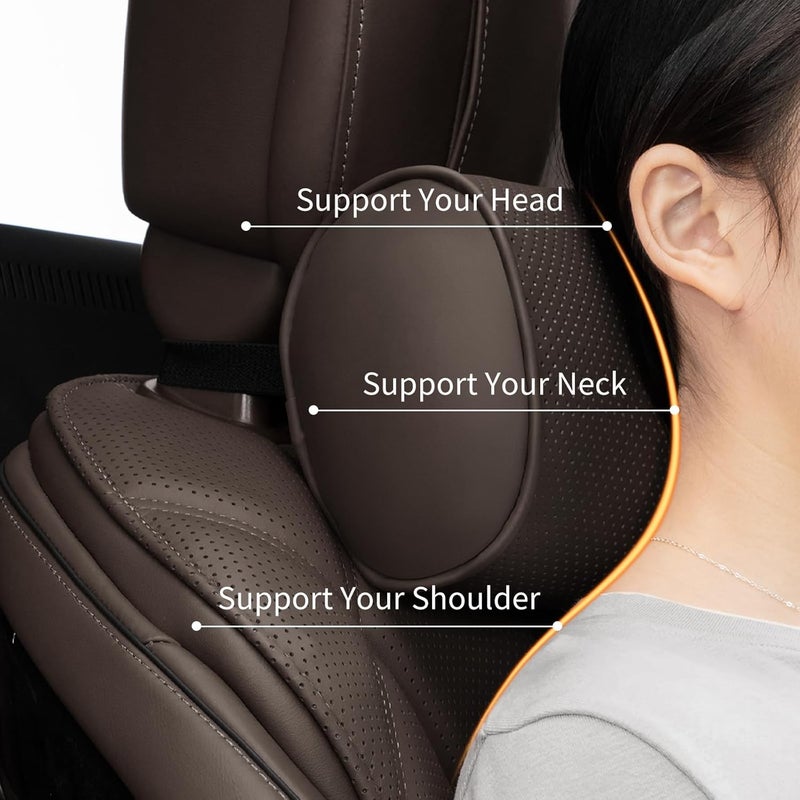 Dapucarin Car Headrest Pillow for Driving - Luxury Leather 100% Memory Foam, Ergonomic Neck Support - Universal Fit, Brown, 2 Pack - Image 2