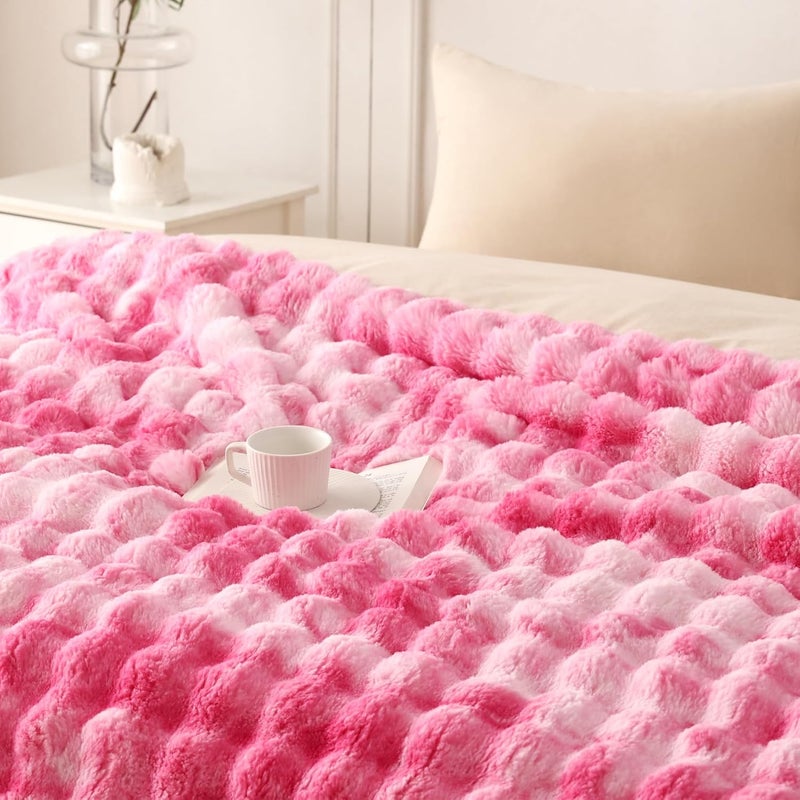 COOVA Faux Fur Throw Blanket for Couch, Cozy Soft and Fuzzy Plush Rabbit Fur Bubble Blanket for Sofa Bedroom Living Room, 60x80 Inches Tie Dye Pink - Image 3