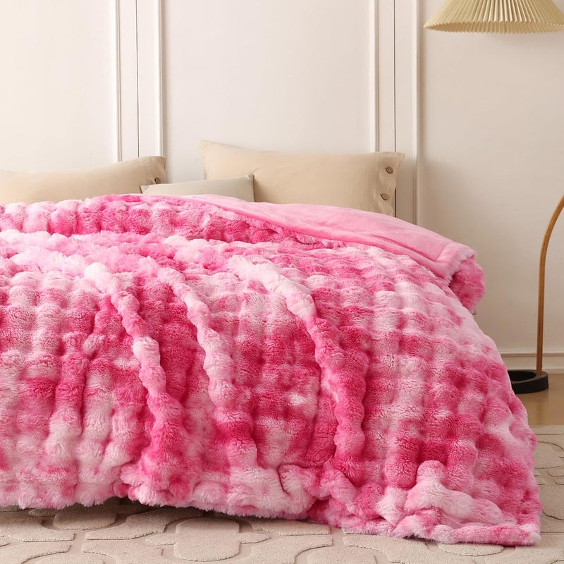 COOVA Faux Fur Throw Blanket for Couch, Cozy Soft and Fuzzy Plush Rabbit Fur Bubble Blanket for Sofa Bedroom Living Room, 60x80 Inches Tie Dye Pink - Image 4
