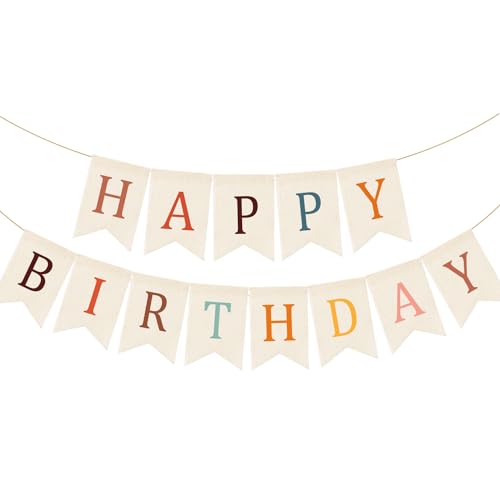 Doumeny Happy Birthday Burlap Banner Boho Birthday Garland Bunting Bohemian Party Hanging Flag White Happy Birthday Bunting Garland Rainbow Party Banner for Women Men Birthday Kid Photo Backdrop - Image 1