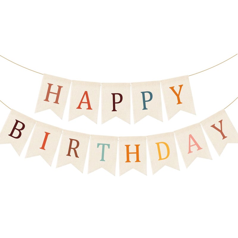Doumeny Happy Birthday Burlap Banner Boho Birthday Garland Bunting Bohemian Party Hanging Flag White Happy Birthday Bunting Garland Rainbow Party Banner for Women Men Birthday Kid Photo Backdrop - Image 2