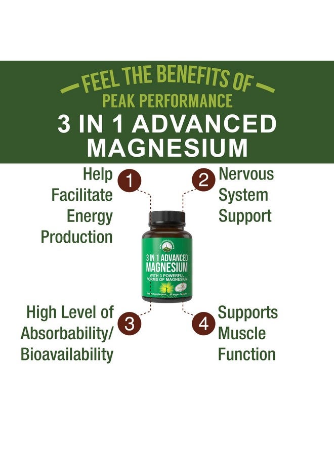 Peak Performance 3 in 1 Advanced Magnesium Complex Vegan Capsules with Magnesium L-Threonate, Glycinate, and Taurinate. High Absorption and Bioavailability. 3 Top Magnesiums in One Supplement 90 Pills - Image 1