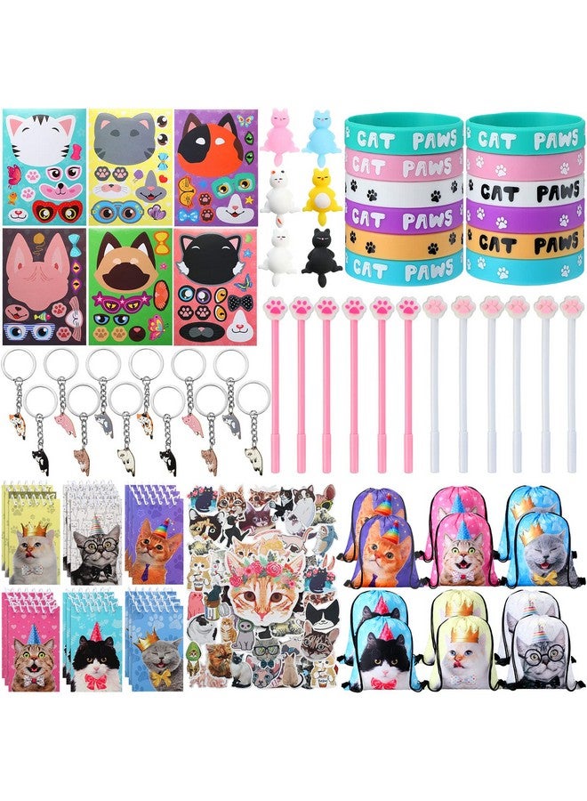 Jerify 91 قطعة هدايا حفلة القطط تشمل 12 لعبة ضغط 12 سوار مطاطي على شكل مخلب 12 ملصق قطط 12 قلم كاواي 12 سلسلة مفاتيح قط 18 دفتر ملاحظات قط 12 حقيبة ظهر بسحب قط وملصق قط (أسلوب لطيف) - Image 1