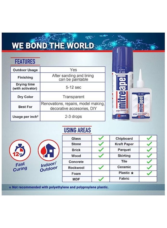 mitreapel - MITREAPEL Ac 200 Super CA Glue (3.5 oz.) with Spray Adhesive Activator (13.5 fl oz.) - Ca Glue with Activator for Wood, Plastic, Metal, Leather, Ceramic - Cyanoacrylate Glue for Crafting&Building (1 Pk) - Image 1