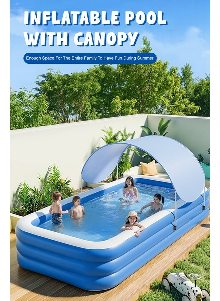 سولاكان حمام سباحة عائلي كبير قابل للنفخ من SOLERCONM مع مظلة ومساند ظهر ومقاعد – حوض سباحة متين من PVC سميك للأطفال والكبار، مقاس 118×69×23 بوصة، باللون الأزرق الداكن – مثالي للفناء الخلفي والأنشطة الخارجية - Image 2