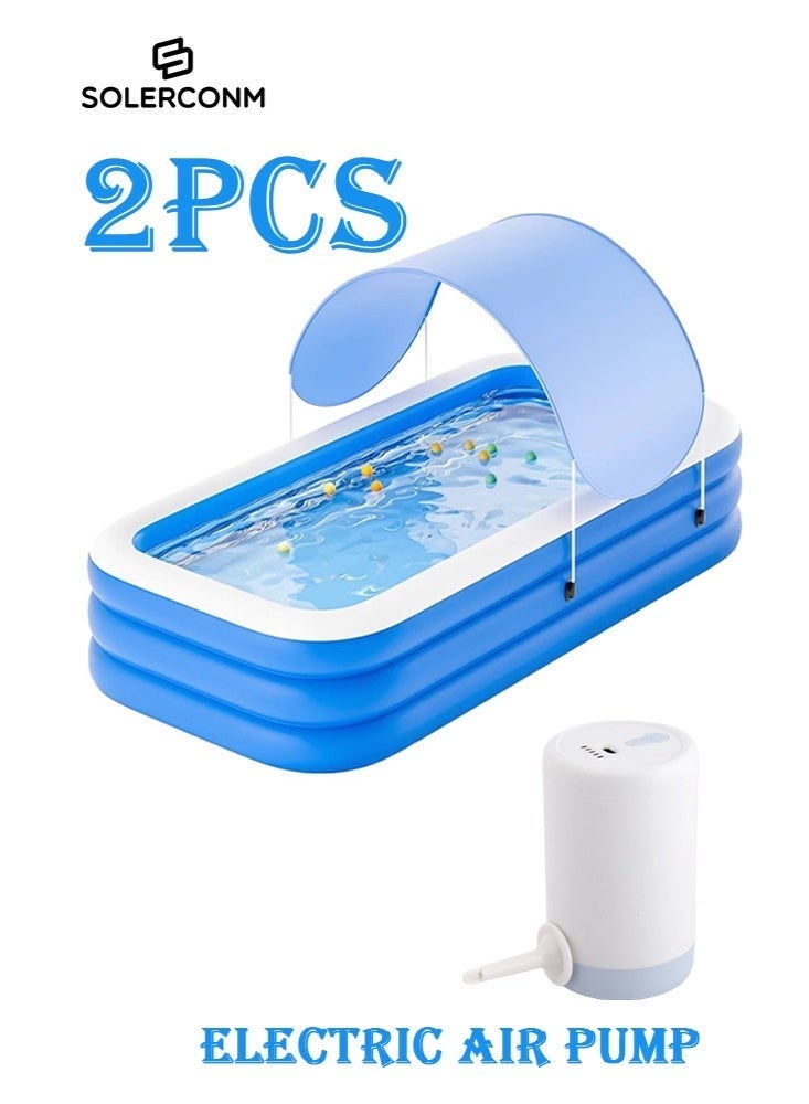 سولاكان حمام سباحة عائلي كبير قابل للنفخ من SOLERCONM مع مظلة ومساند ظهر ومقاعد – حوض سباحة متين من PVC سميك للأطفال والكبار، مقاس 118×69×23 بوصة، باللون الأزرق الداكن – مثالي للفناء الخلفي والأنشطة الخارجية - Image 1