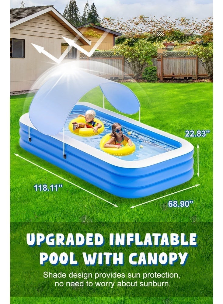 سولاكان حمام سباحة عائلي كبير قابل للنفخ من SOLERCONM مع مظلة ومساند ظهر ومقاعد – حوض سباحة متين من PVC سميك للأطفال والكبار، مقاس 118×69×23 بوصة، باللون الأزرق الداكن – مثالي للفناء الخلفي والأنشطة الخارجية - Image 3