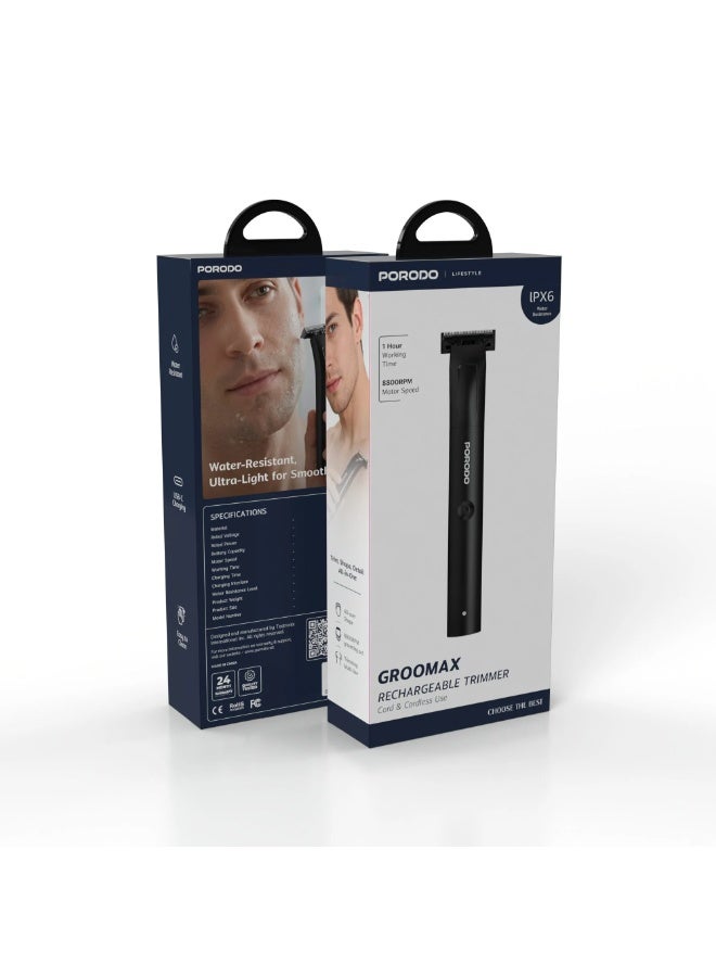porodo Groomax Rechargeable Trimmer / Cord & Cordless Use / 8500RPM Motor / USB-C Charging / IPX6 Water Resistant / Lightweight Portable Design / 1 Hour Runtime - Black - Image 1