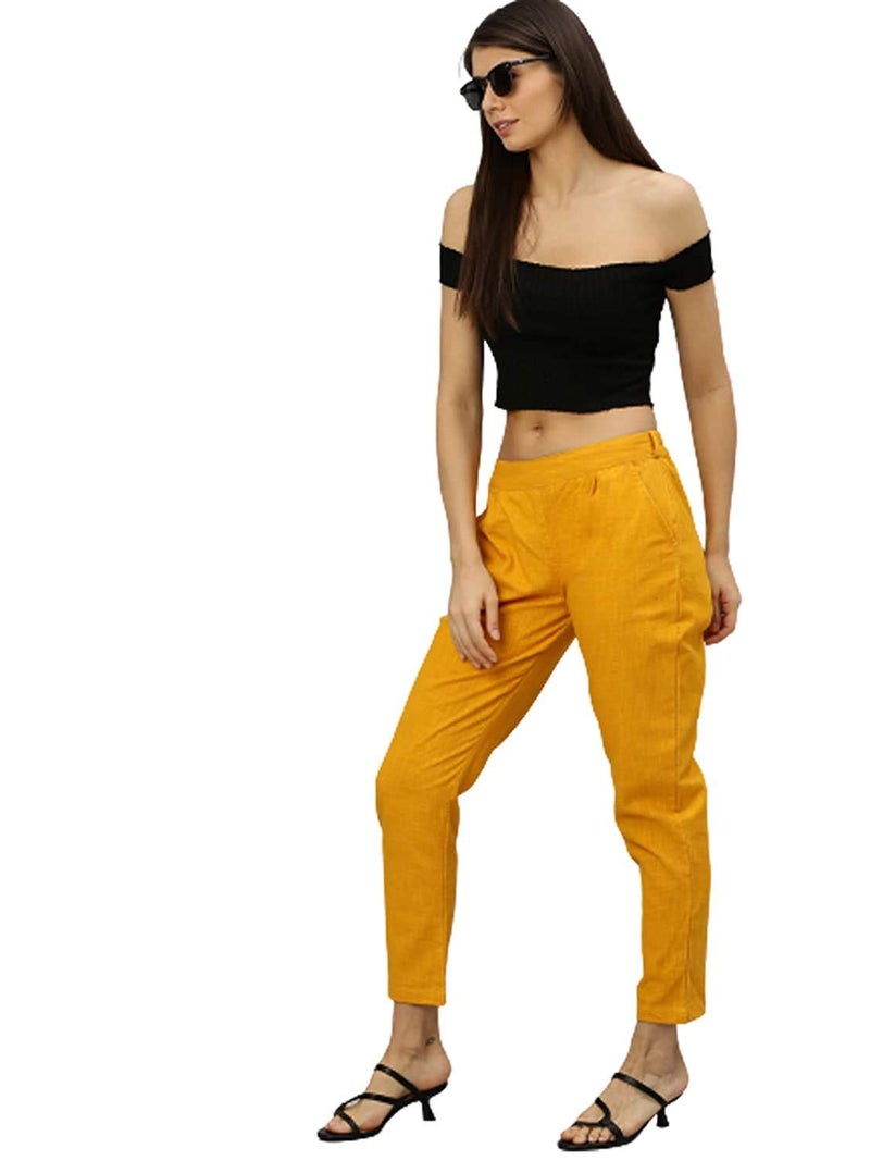 Yash Gallery Women's Plus Size Solid Cotton Slub Mid Rise Ankle Length Trouser Pant (Mustard, 3XL) | Fit Type: Regular Fit - Image 4