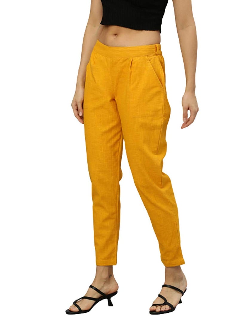 Yash Gallery Women's Plus Size Solid Cotton Slub Mid Rise Ankle Length Trouser Pant (Mustard, 3XL) | Fit Type: Regular Fit - Image 2