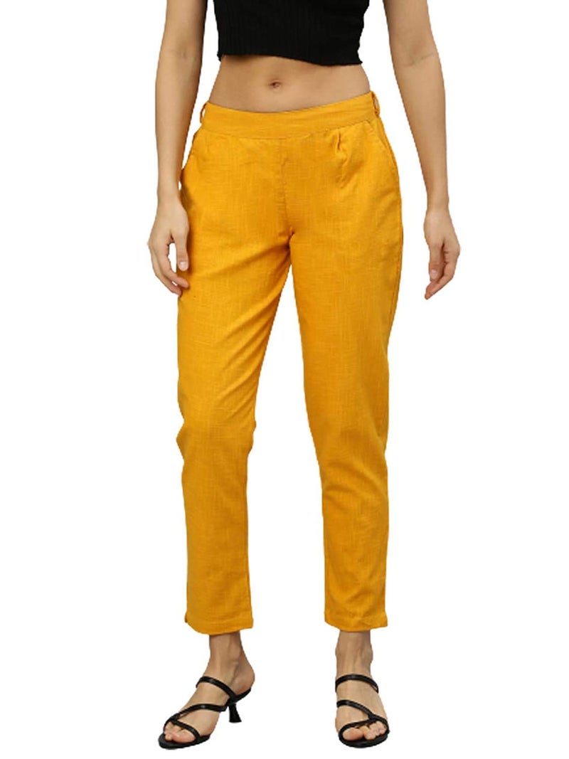 Yash Gallery Women's Plus Size Solid Cotton Slub Mid Rise Ankle Length Trouser Pant (Mustard, 3XL) | Fit Type: Regular Fit - Image 1