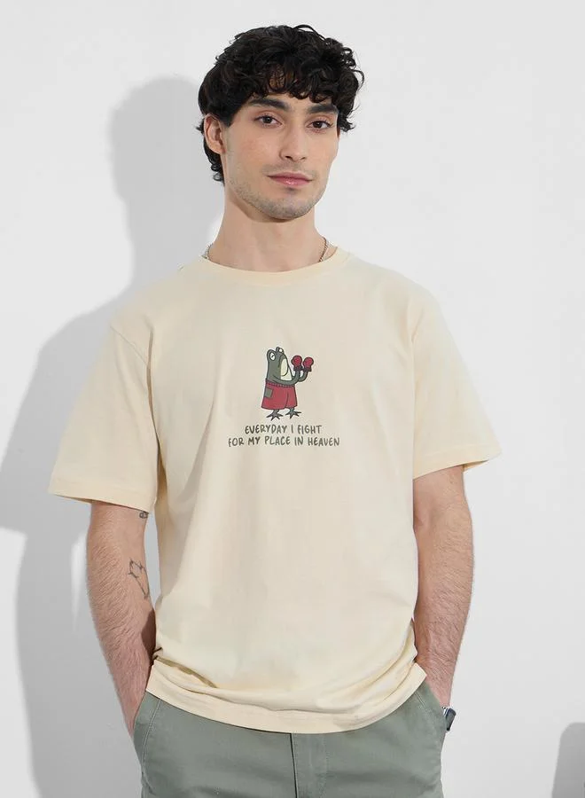 The Souled Store Men Beige Graphic Relaxed Fit T-Shirt