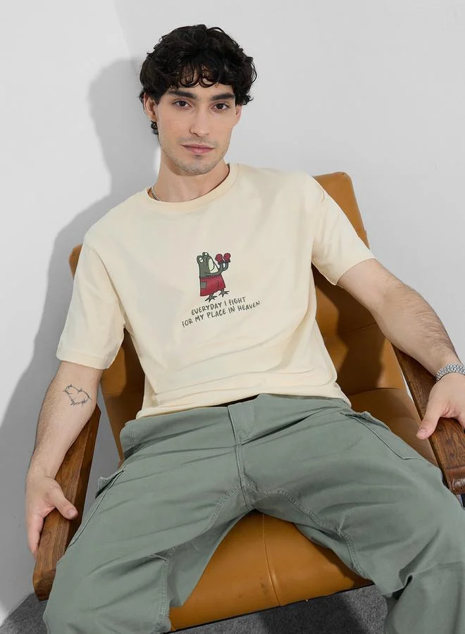 The Souled Store Men Beige Graphic Relaxed Fit T-Shirt