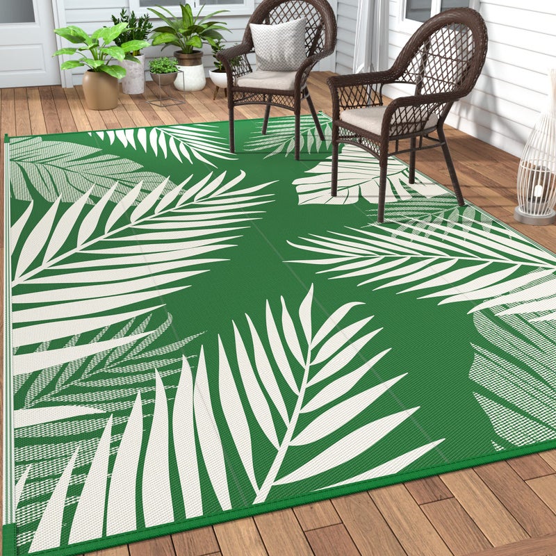 GENIMO Outdoor Rug 5' x 8' Waterproof for Patios Clearance, Reversible Plastic Straw Camping Rug Carpet, Large Area Rugs Mats for RV, Picnic, Backyard, Deck, Balcony, Porch, Dark Green&White - Image 1