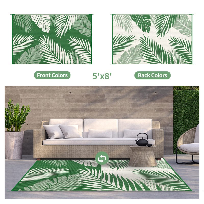 GENIMO Outdoor Rug 5' x 8' Waterproof for Patios Clearance, Reversible Plastic Straw Camping Rug Carpet, Large Area Rugs Mats for RV, Picnic, Backyard, Deck, Balcony, Porch, Dark Green&White - Image 2