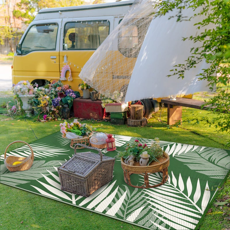 GENIMO Outdoor Rug 5' x 8' Waterproof for Patios Clearance, Reversible Plastic Straw Camping Rug Carpet, Large Area Rugs Mats for RV, Picnic, Backyard, Deck, Balcony, Porch, Dark Green&White - Image 3