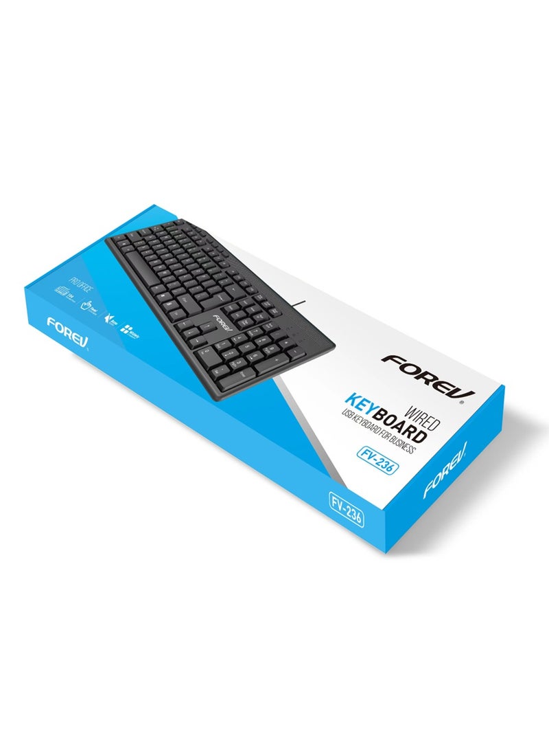Forev Wired USB keyboard pro office FV-236 for business 104 standard keys, feel comfortable , bass button - Black ( Arabic + English )  - Image 2