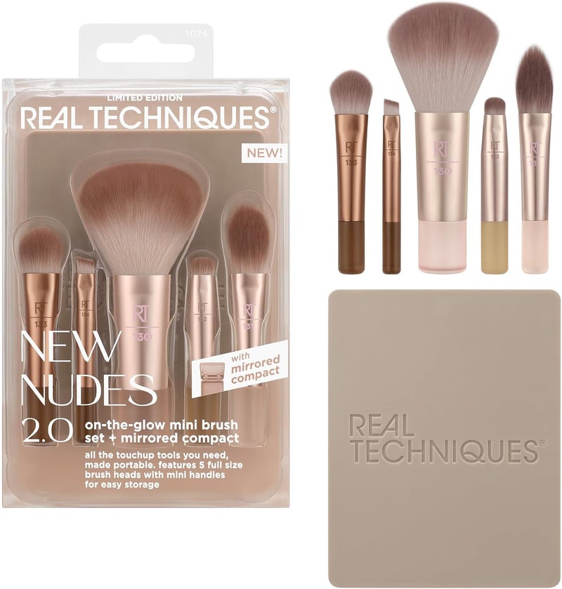 REAL TECHNIQUES New Nudes 2.0 On-The-Glow Mini Brush Kit + Mirrored Compact, 6 Piece Set - Image 1