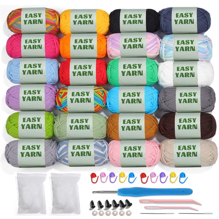 UzecPk 24x50g (42.3Oz) Easy Yarn for Crocheting and Knitting, 24x87yds Beginner Crochet Cotton Yarn for Beginners with Easy-to-See Stitches, Worsted-Weight Medium #4 - Cotton-Nylon Blend - Image 1