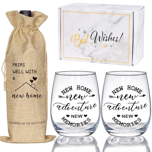 YLOVAN House Warming Gifts New Home, Housewarming Baskets Stemless Wine Glass & Bottle Bag Set for Newlywed Couple, Women, Friends, New Homeowner, Unique Closing Gift for Home Buyers, Clients - Image 1