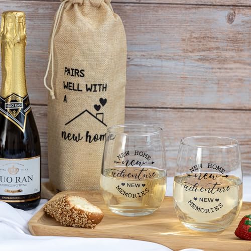 YLOVAN House Warming Gifts New Home, Housewarming Baskets Stemless Wine Glass & Bottle Bag Set for Newlywed Couple, Women, Friends, New Homeowner, Unique Closing Gift for Home Buyers, Clients - Image 5