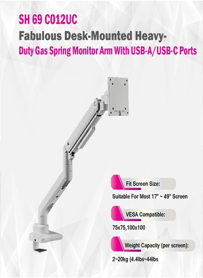 Skill Tech SH69 C012 UCB Desk-Mounted Heavy-Duty Gas Spring Monitor Arm with USB-A/USB-C Ports for 17"-49" Screens, VESA 100x100mm, 20kg Load Capacity – Black  - Image 4