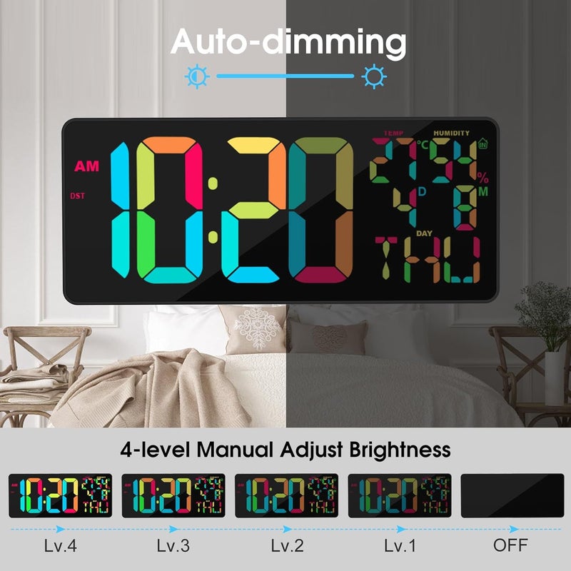XREXS 18 Inch Large Digital Wall Clock, 10 RGB Color Changing, Date/Temp/Humidity Display, Auto Dimming Digital Clock for All Large Spaces Use - Image 4
