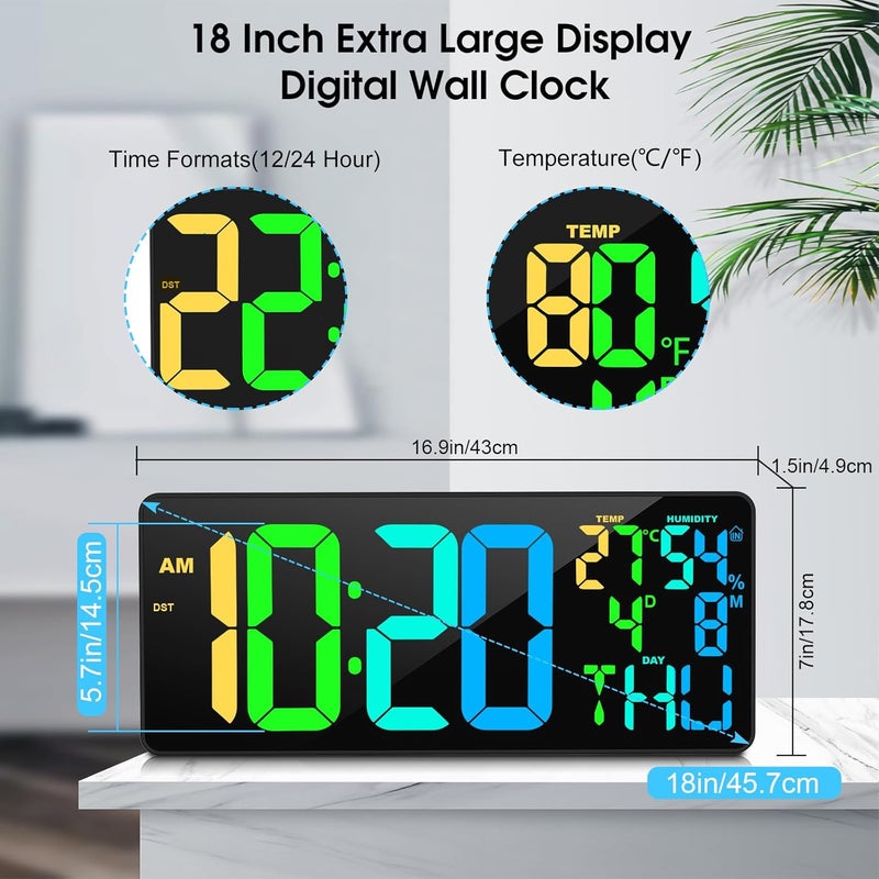 XREXS 18 Inch Large Digital Wall Clock, 10 RGB Color Changing, Date/Temp/Humidity Display, Auto Dimming Digital Clock for All Large Spaces Use - Image 3