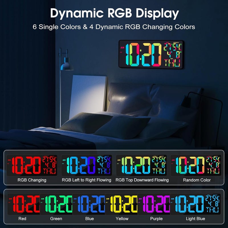 XREXS 18 Inch Large Digital Wall Clock, 10 RGB Color Changing, Date/Temp/Humidity Display, Auto Dimming Digital Clock for All Large Spaces Use - Image 2