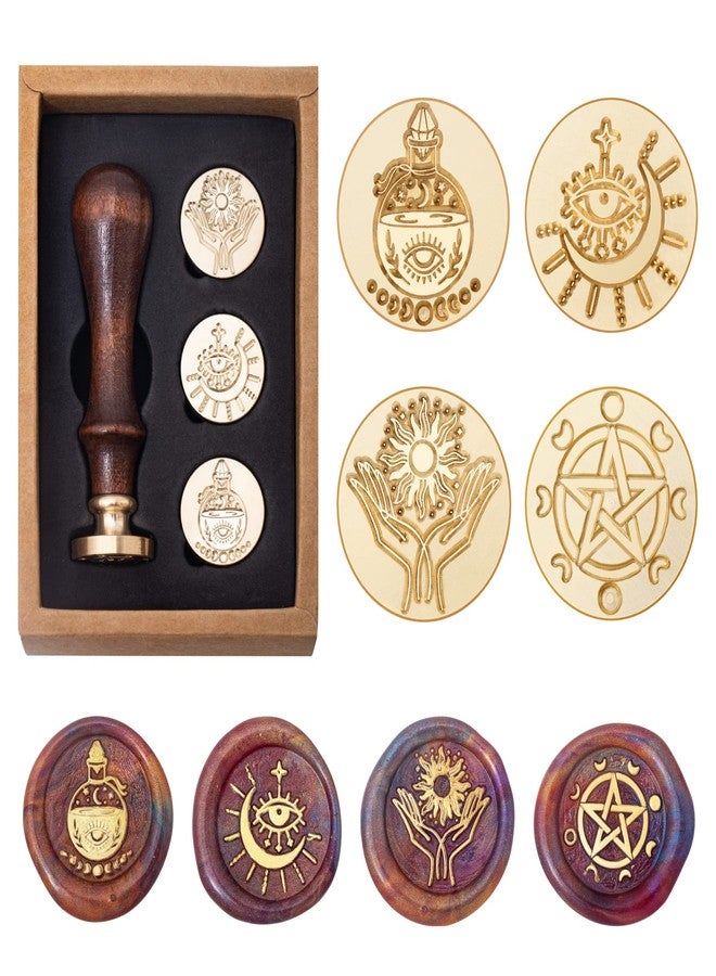 MGWOTH Wiccan Wax Seal Stamp Set, Pagan Pentagram Moon Phases Sealing Stamp Head, Vintage Evil Eye Triple Moon Pentacle and Sun Bottle Pattern Kit with Gift Box for Letter Envelope Witchcraft Invitation Card - Image 1